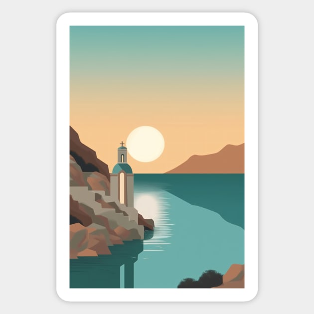 A building with a tower in the foreground, overlooking water and mountains against a sunrise or sunset sky Sticker by Minimal Blue